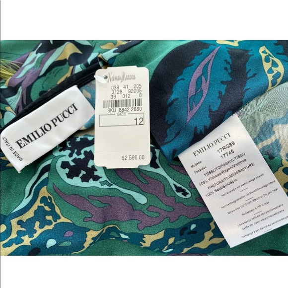 EMILIO PUCCI GREEN PRINTED FRINGE DRESS MODEL 17RG89 IT 46 / US 12 NWTS!